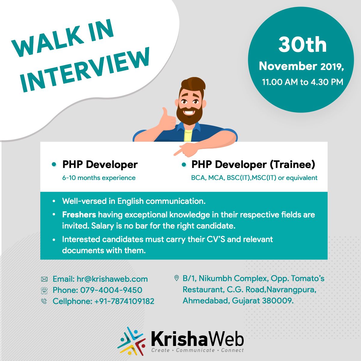 KrishaWeb's tweet photo. Walk-in… Walk-in… Walk-in

We are looking for talented and dedicated #PHPdevelopers and trainees. If you have the right skills and an urge to learn, 
📩 Share your updated CV to hr@krishaweb.com
📞 Call us at 7874109182
Freshers can apply as well!

#JobSearch #KrishaWeb https://t.co/rgaZrROiI2