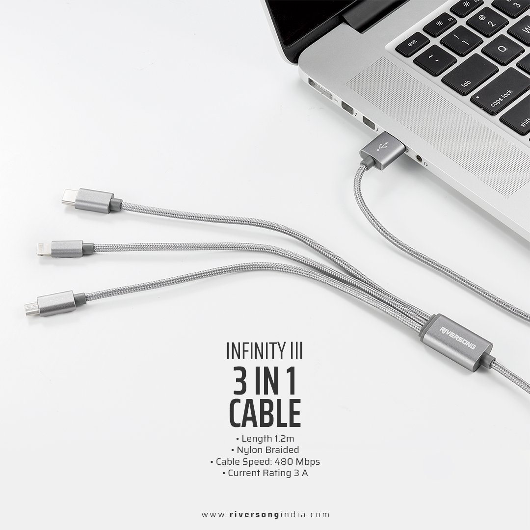 riversongindia's tweet photo. Now you won't have to carry separate cables for different devices!
Swap between Lightning, USB-C, and Micro USB plugs to charge all your devices with just this single cable. #InfinityIII #3in1cable #ChargingCable #RiversongIndia #MondayMorning #MondayMotivaton https://t.co/wFEGZ2CeBZ