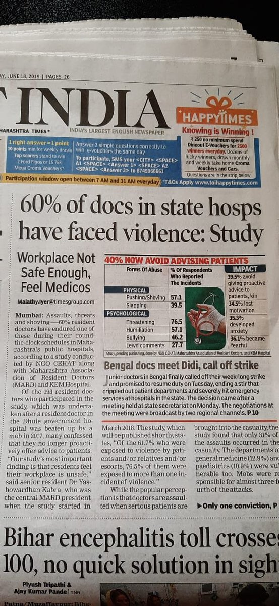 This work has been covered in the press. Here is the ToI coverage by  @MalathyIyerTOI 60% of doctors in Maharashtra hospitals have faced violence: .. http://timesofindia.indiatimes.com/articleshow/69834444.cms?utm_source=contentofinterest&utm_medium=text&utm_campaign=cppst