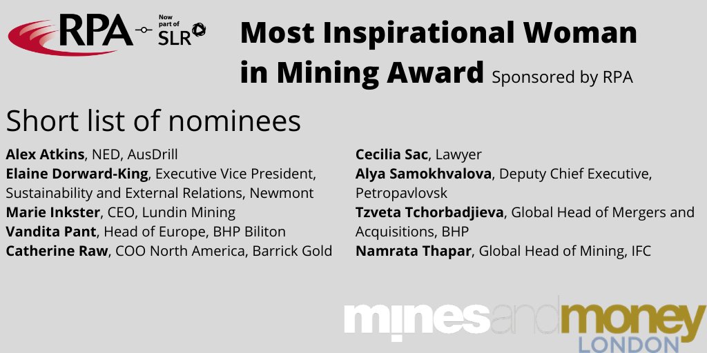 RPA is honoured to sponsors the award for the Most Inspirational Woman in Mining at the <a href="/MinesAndMoney/">Mines and Money</a> Awards Dinner on November 26. Good luck to all the nominees. #womeninmining #inspirationalwomen