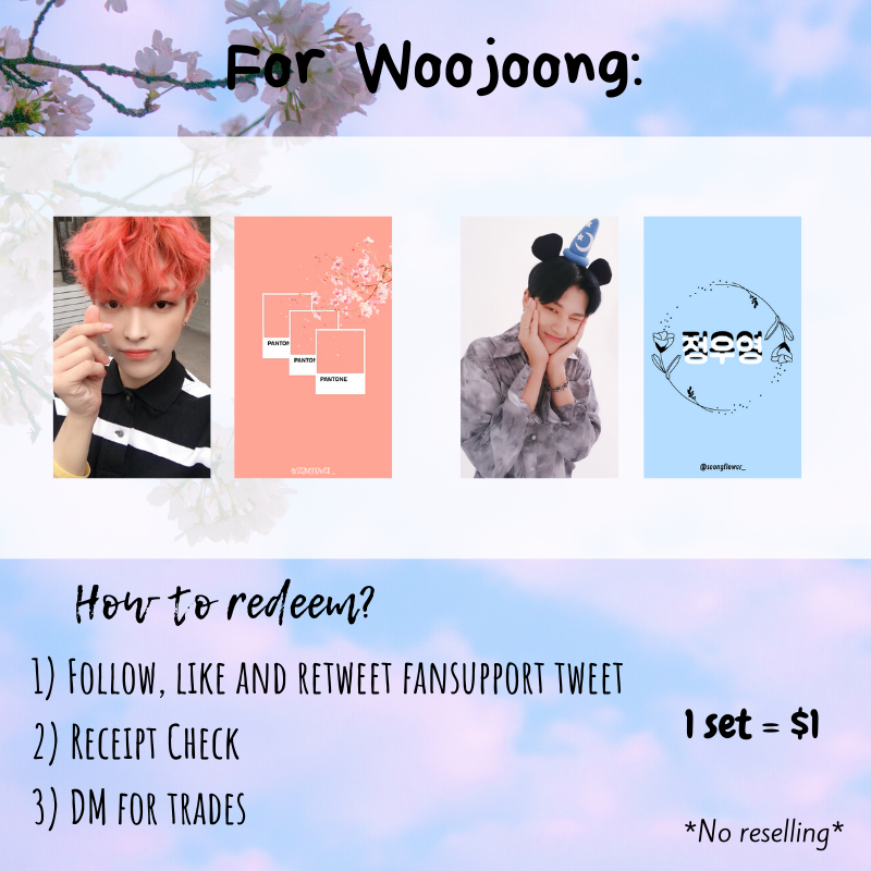 seongflower_'s tweet photo. For WooJoong: 

How to redeem?
1) Follow, like and retweet fs tweet 
2) Receipt Check 

DM for trades 

$1 per set 

Where? 
@ROYALFLUSHCAFE #ROYALFLUSHCAFE 

Date and Time? 
TBC most likely both days will update 

*NO RESELLING* https://t.co/7chM7P8Qqt