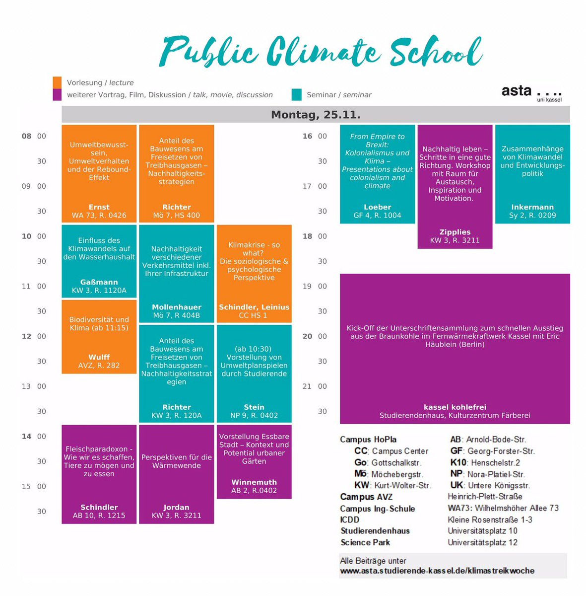 Die Public Climate School in #Kassel geht los.
Wir haben alle Dozierenden aufgefordert, in dieser Woche ihre Veranstaltungen in klimarelevante Themen umzuwidmen.
#Klimastreik #Wochenstart #Klimawoche #PublicClimateSchool

Das Tagesprogramm an der #UniKassel für heute: