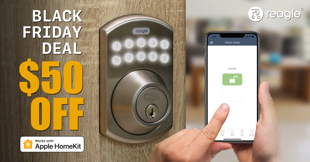 ReagleHome's tweet photo. Hunting for #BlackFridayDeals online but afraid your purchases might be stolen by porch pirates? Remotely lock/unlock your door for the delivery person with our Smart Deadbolt. Got no smart lock yet? Check out our Black Friday bargains now! https://t.co/WGtASZk0O8 #SmartHome https://t.co/Unz3tAg2Uy