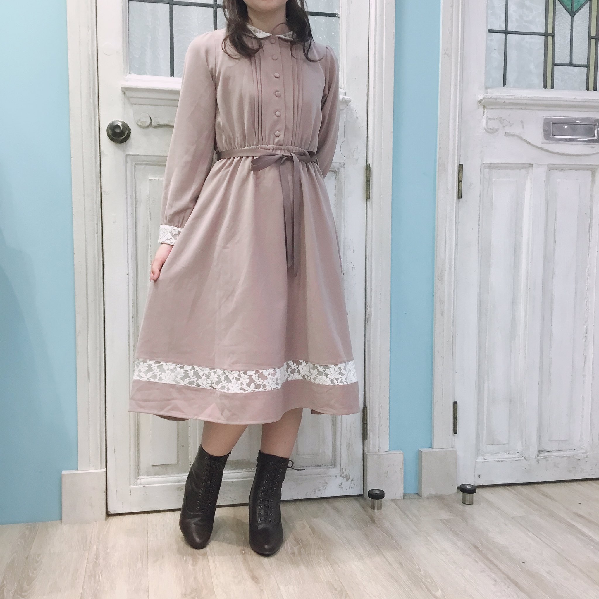 福袋セール レース使い丸衿ワンピース F I N T Beige Pink ワンピース Zenan Ca