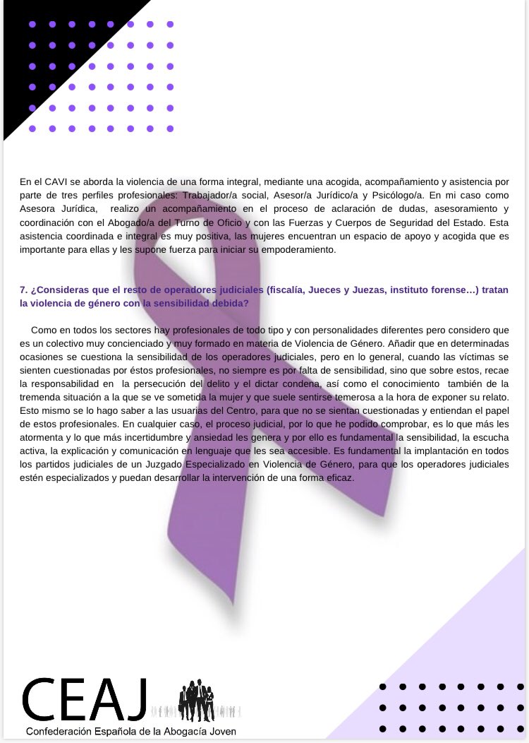 Campaña de la Subcomisión de Igualdad de CEAJ, hoy, 25 de Noviembre, Día Internacional contra la Violencia de Género. 

Visibilizando la Violencia de Género con María José Casado, Asesora Jurídica de CAVI en Águilas (Murcia) y Vocal 1 de <a href="/AJALorca/">AJA LORCA</a> 
ceaj.es/entrevista-a-d…