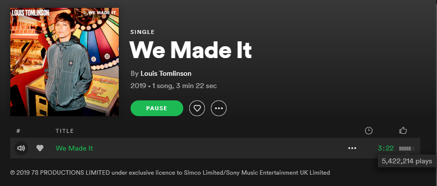 LouisT91Music's tweet photo. #WeMadeIt has hit 5 million streams on @Spotify! 🎉

Total streams: 5,422,214
Keep streaming here: https://t.co/LhUz6tCDmg  

November 25, 2019 https://t.co/ogyn9wOATN
