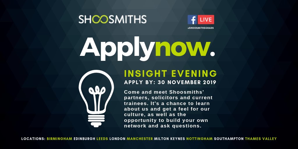 AllAboutLaw's tweet photo. The deadline for Shoosmiths insight evening is nearly here! Apply today, so you don't miss your chance to see inside this national UK law firm and meet people you'll be working with. #insightevening #Shoosmiths @ShoosmithsGrads
Apply here: https://t.co/Y21kKFW8i8 https://t.co/zCT9TjwOat