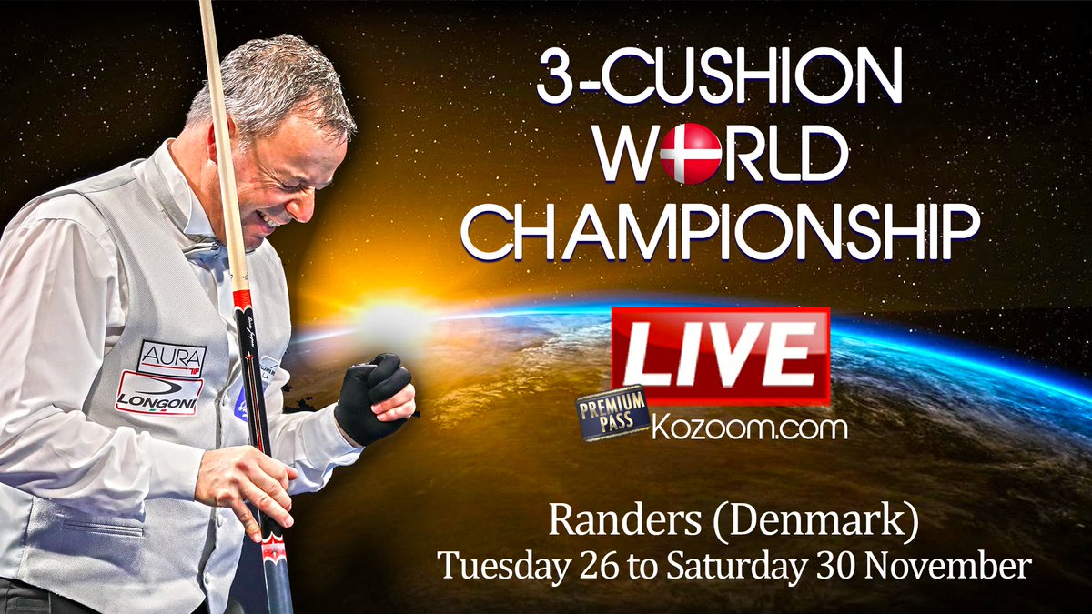 From November 26th to November 30th 2019, enjoy the 3-Cushion World Championship in Randers (DEN) 🇩🇰

➡️Watch it on Kozoom: kozoom.com/en/billiard-ca…