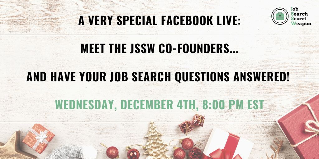 We'll be LIVE on Facebook on December 4 @ 8 PM ET to answer YOUR job search questions. Hosted by Job Search Secret Weapon founders <a href="/cvlabs_yyc/">Ana Lokotkova, Career Advisor</a> &amp; <a href="/SarahDJohnston/">Sarah Johnston Briefcase Coach.com</a>. If you have a “friend” struggling with a job search issue, invite them!! buff.ly/2KSi8u6
