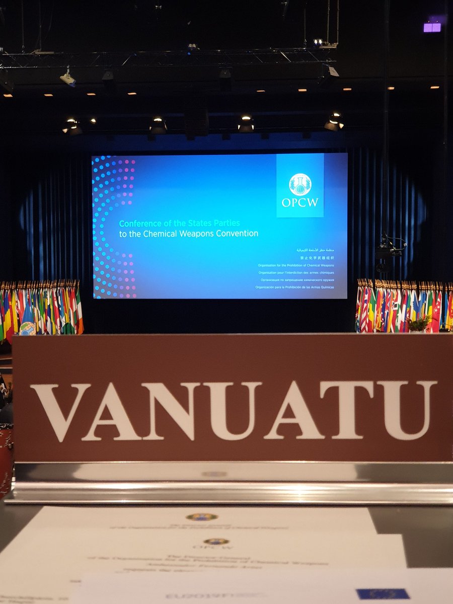 Sumbuea's tweet photo. Organisation for the Prohibition of Chemical Weapons 24th Session of State Parties now ongoing.  Vanuatu with others support participation by civil society groups. We need everyone to help removing threat to chemical weapons in the world. Join Vanuatu for a safe world. https://t.co/loaHbFAW8y