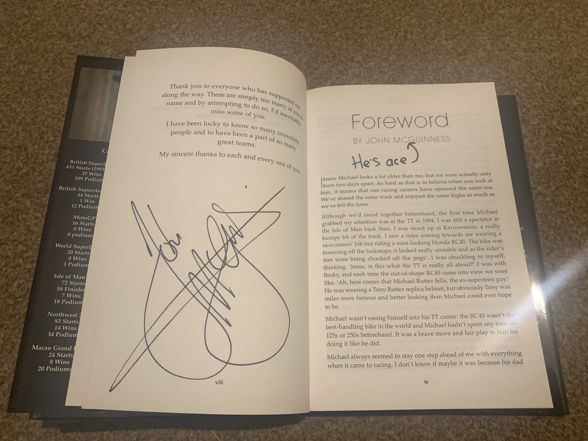 flyboyw20's tweet photo. @michaelrutter_  @jm130tt  Got my Rutter book signed at Motorcyclelive, with John making a bit of a statement! https://t.co/qrHy6LyynP