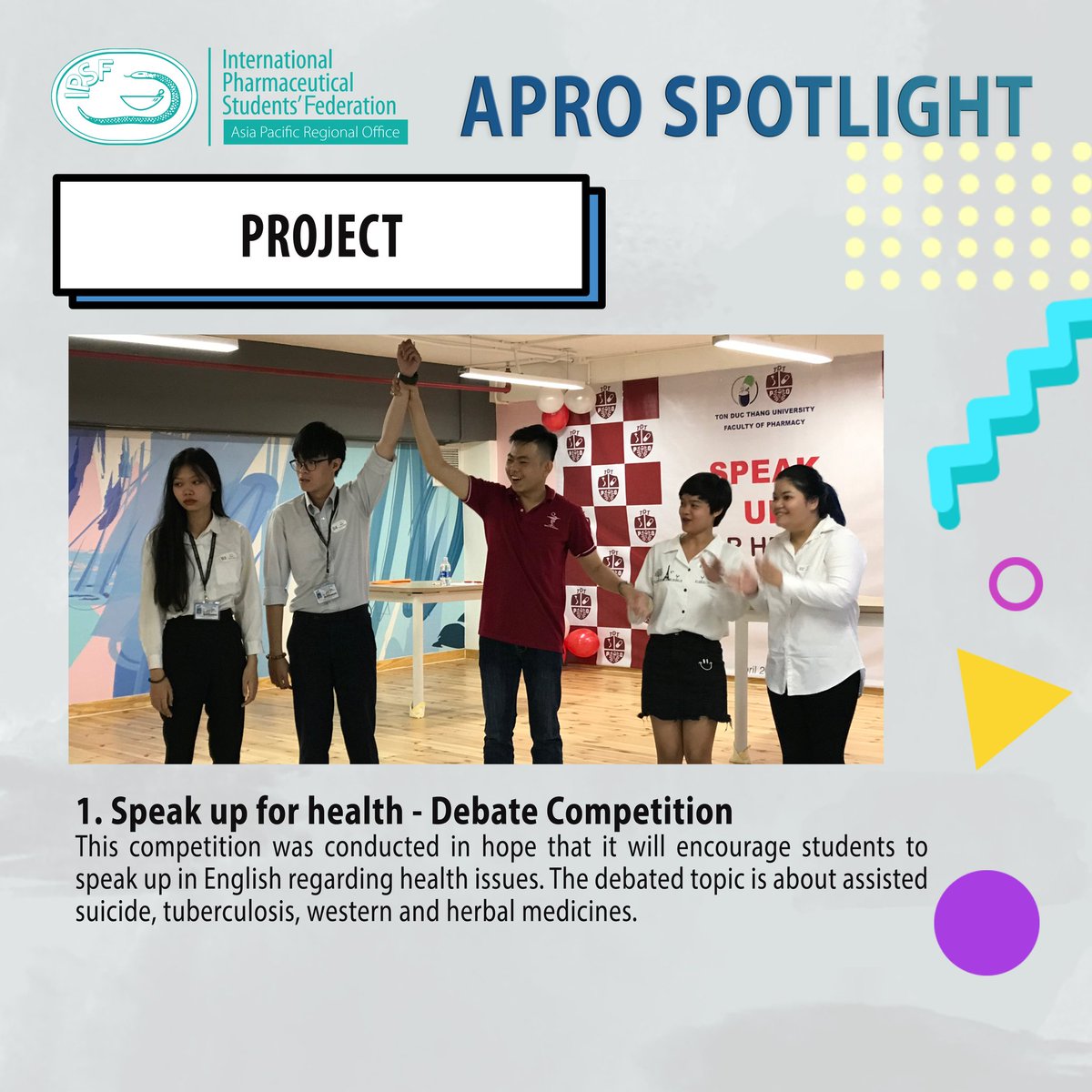 IPSFAPRO's tweet photo. [IPSF APRO Spotlight-Member Organisations Branding // Introduction of TDTUPO, Vietnam]

TDTUPO Vietnam represents pharmacy students from undergraduate, postgraduate and graduated within 4 years from Ton Duc Thang University Vietnam.

#IPSFAPRO
#APROSPOTLIGHT
#TDTUPOVietnam https://t.co/g8no4ikrWf