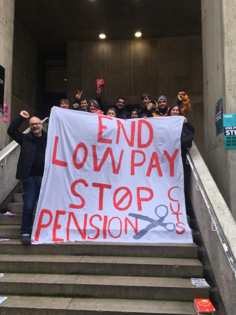 Strong start to the #UCUstrike, Bedford Way edition - thanks to all visitors bringing cakes, moral support and this excellent banner @UCL_UCU