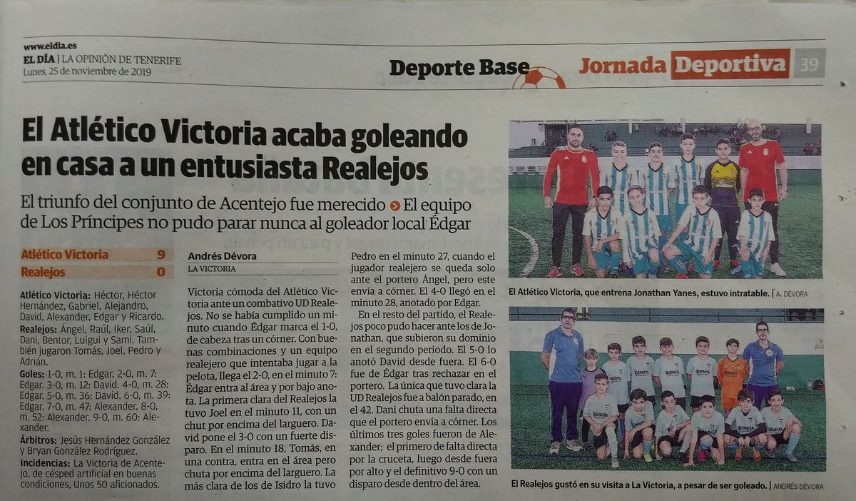 Crónica del encuentro de nuestro Alevín A con El <a href="/Atl_VictoriaTF/">Atletico Victoria</a> en el periódico <a href="/eldia/">El Día</a>, por cortesía de Andrés Dévora.
    #AdelanteRealejos
    #SomosUDR