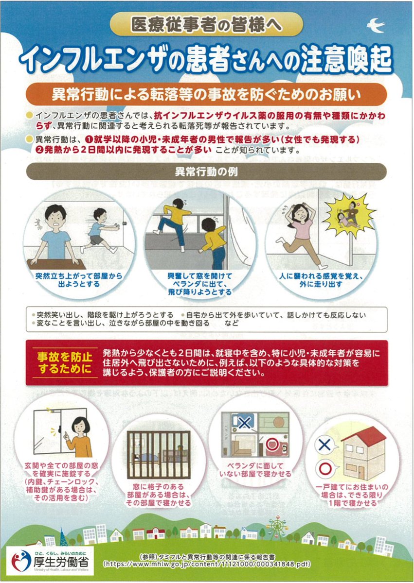 Twitter पर Ns 小児科医 厚生労働省の インフルエンザの患者さんへの注意喚起 を貼っておきます インフルエンザシーズンでは 特に発熱時にはこういった異常行動を起こす可能性を考え対策することをおすすめします 治療内容などは関係ありません