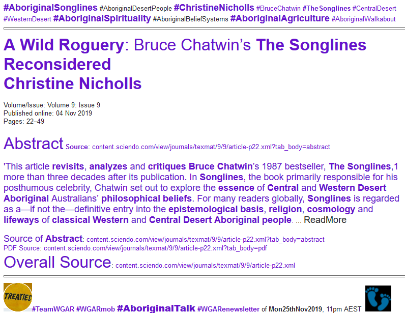WgarNews's tweet photo. A #WildRoguery: #BruceChatwin's #TheSonglines Reconsidered by #ChristineNicholls, #ANU #Canberra https://t.co/yFU8mTgWCp | #AboriginalSonglines #AboriginalSpirituality #AboriginalAgriculture #SovereigntyNeverCeded | #AltMediaMonitor #AboriginalTalk 25Nov19 https://t.co/eBq9OBxnR4 https://t.co/Yl1s031lzl