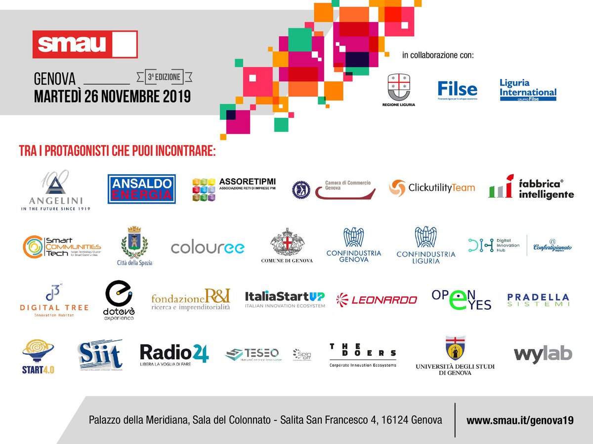 Domani, #Smau Genova 2019! 

L’iniziativa si inserisce nella cornice più ampia della Genova Smart Week 2019, promossa dall’Associazione Genova Smart City e dal <a href="/ComunediGenova/">COMUNE DI GENOVA</a> con il supporto tecnico organizzativo di <a href="/ClickutilityTm/">Clickutility Team</a> 

Iscriviti qui > bit.ly/SmauGenova2019