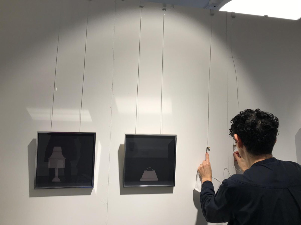 NicolePolonsky's tweet photo. Hanging my three 'Muted' prints at @ELPstudio's #FestivalofPrint. With these mutes (devices that damp down sound of musical instruments) – screenprinted with bleach to remove colour from paper, not add to it – I strove for an analogy between visual and auditory effects. https://t.co/SkRfGCq04a