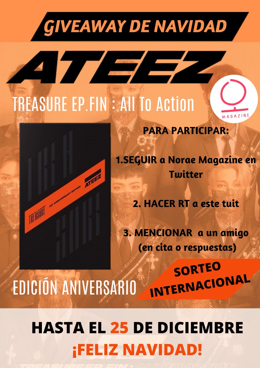 🚨#GIVEAWAY NAVIDAD 🚨 

Norae Magazine sortea el último álbum de #ATEEZ Versión Aniversario ¡antes que de vengan a España!
Para participar tenéis que:
1.Seguirnos en Twitter 
2.Dar RT a este tuit
3.Mencionar a un amigo

🎄 INTERNACIONAL
🎄 HASTA EL 25 DE DICIEMBRE

🖤 ¡SUERTE!🧡