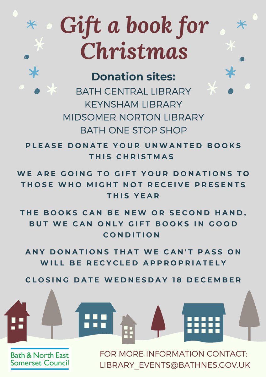 bathnes's tweet photo. Libraries in Bath and North East Somerset are inviting book donations which will be gifted to people in the community who might not otherwise receive a Christmas present.

https://t.co/why6I0LY7M https://t.co/FrGtAfdPAa