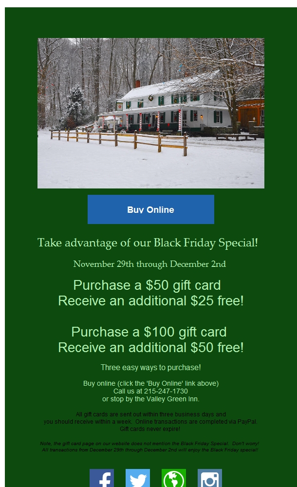 Coming up soon!  The Valley Green Inn's Black Friday Gift Card Special! bit.ly/2KRQRaS