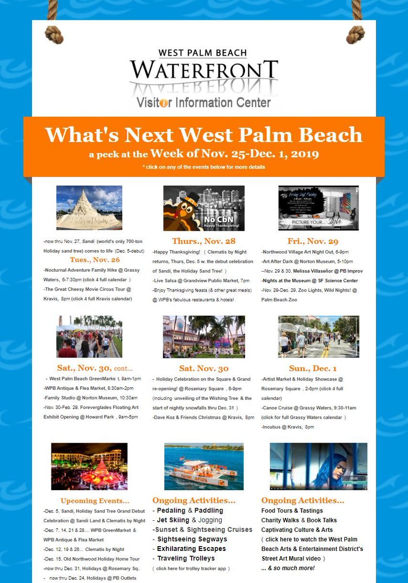 WPBVisitorInfo's tweet photo. What's Next #WestPalmBeach ?! - A quick peek into some of the #holiday #fun this upcoming week, click 👉https://t.co/DtstOzKTpa  for more details #iLoveWPB #WaterfrontWPB #thePalmBeaches #lovefl #events https://t.co/9E11eghNV2