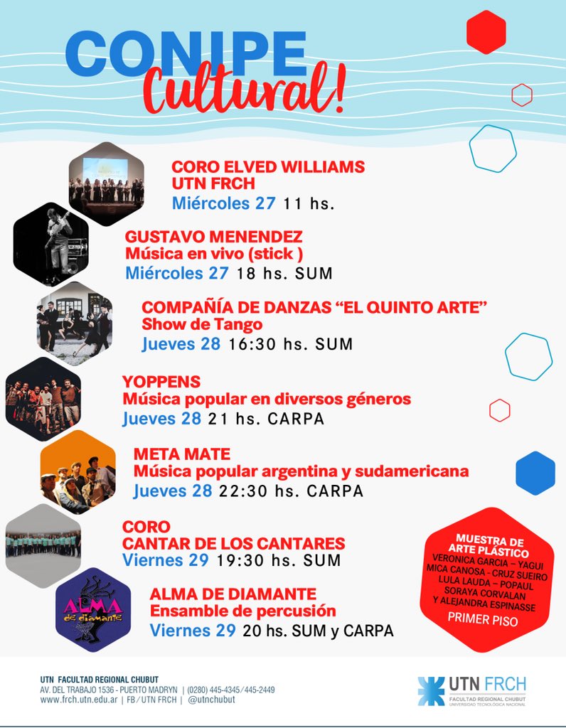 UTNChubut's tweet photo. #CONIPE2019 #CONIPE
Te presentamos el cronograma completo de las actividades del “1er Congreso Nacional de Ingeniería Pesquera”
#UTNChubut
#IndustriaPesquera #CharlasMagistrales #Minicursos #Madryn
Más info en:
https://t.co/qeQpUc6Oq8 https://t.co/j8W2CRccge