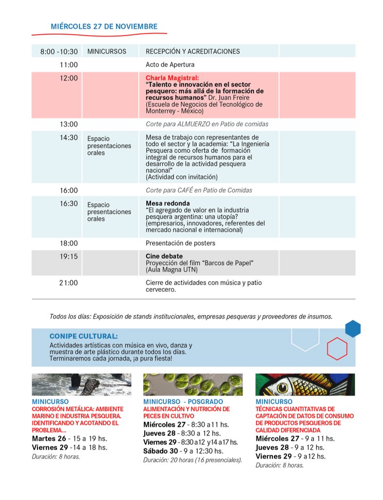 UTNChubut's tweet photo. #CONIPE2019 #CONIPE
Te presentamos el cronograma completo de las actividades del “1er Congreso Nacional de Ingeniería Pesquera”
#UTNChubut
#IndustriaPesquera #CharlasMagistrales #Minicursos #Madryn
Más info en:
https://t.co/qeQpUc6Oq8 https://t.co/j8W2CRccge
