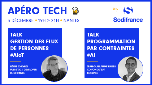 Sodifrance's tweet photo. Nous organisons mardi 3 décembre à #Nantes le prochain Apéro Tech, esprit #meetup. Au programme 👇
🗣 Optimiser la gestion des #flux de personnes avec l'#IoT et l'#IA
🗣 Applications industrielles de la #progammation Par #Contraintes
Inscription ici 👉 https://t.co/sTEFKBW6RY https://t.co/5676jHA7JT