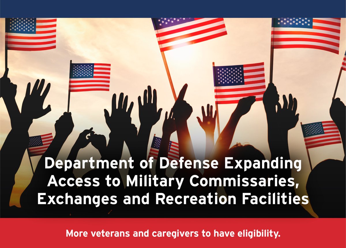 DoDFINRED's tweet photo. The Department of Defense is proud to expand access to #military commissaries, exchanges and morale, welfare and recreation facilities to more veterans and caregivers starting January 1, 2020. Get the scoop here:
https://t.co/DJcYLMR7v7. #MilitaryMonday #Veterans #Commissaries https://t.co/R7vLYvtm50