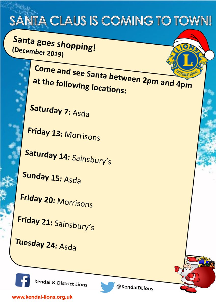 KendalDLions's tweet photo. Out Christmas shopping? Come and see Santa between 2pm and 4pm at the following locations in December:

Saturday 7: Asda
Friday 13: Morrisons
Saturday 14: Sainsbury’s
Sunday 15: Asda
Friday 20: Morrisons
Friday 21: Sainsbury’s
Tuesday 24: Asda

#Kendal #Cumbria https://t.co/yHN9FKiWvV