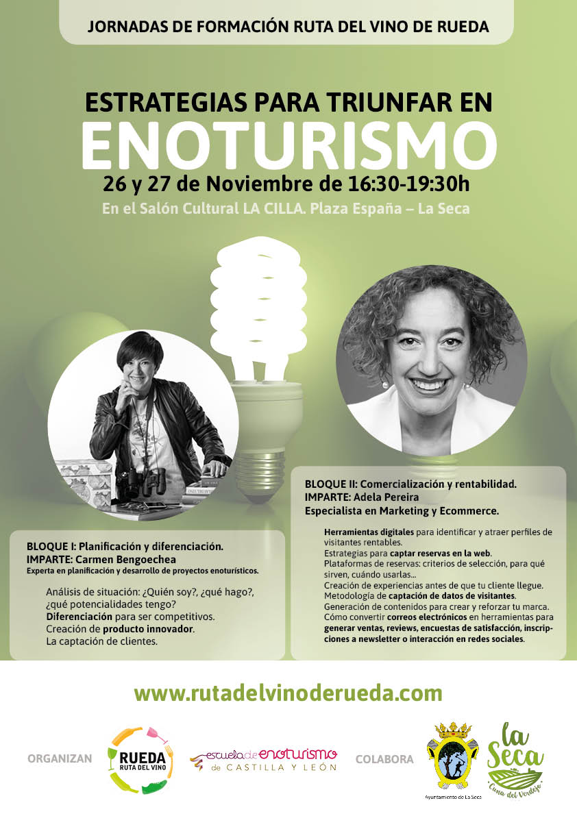 Ruta Vino de Rueda (@rutavinoderueda) on Twitter photo Mañana martes 26, en colaboración con la <a href="/Esc_Enoturismo/">Escuela de Enoturismo de Castilla y León</a>, arrancamos con las Jornadas de Formación 2019, exclusivas para asociados, con <a href="/cbengoechea/">carmen bengoechea</a> y <a href="/AdelaPereira/">Adela Pereira</a>
📍Salón Cultural LA CILLA. Plaza España, La Seca (Valladolid) #EnoCampusRutaRueda
Más info ow.ly/w9u950xk2y2 Mañana martes 26, en colaboración con la <a href="/Esc_Enoturismo/">Escuela de Enoturismo de Castilla y León</a>, arrancamos con las Jornadas de Formación 2019, exclusivas para asociados, con <a href="/cbengoechea/">carmen bengoechea</a> y <a href="/AdelaPereira/">Adela Pereira</a>
📍Salón Cultural LA CILLA. Plaza España, La Seca (Valladolid) #EnoCampusRutaRueda
Más info ow.ly/w9u950xk2y2