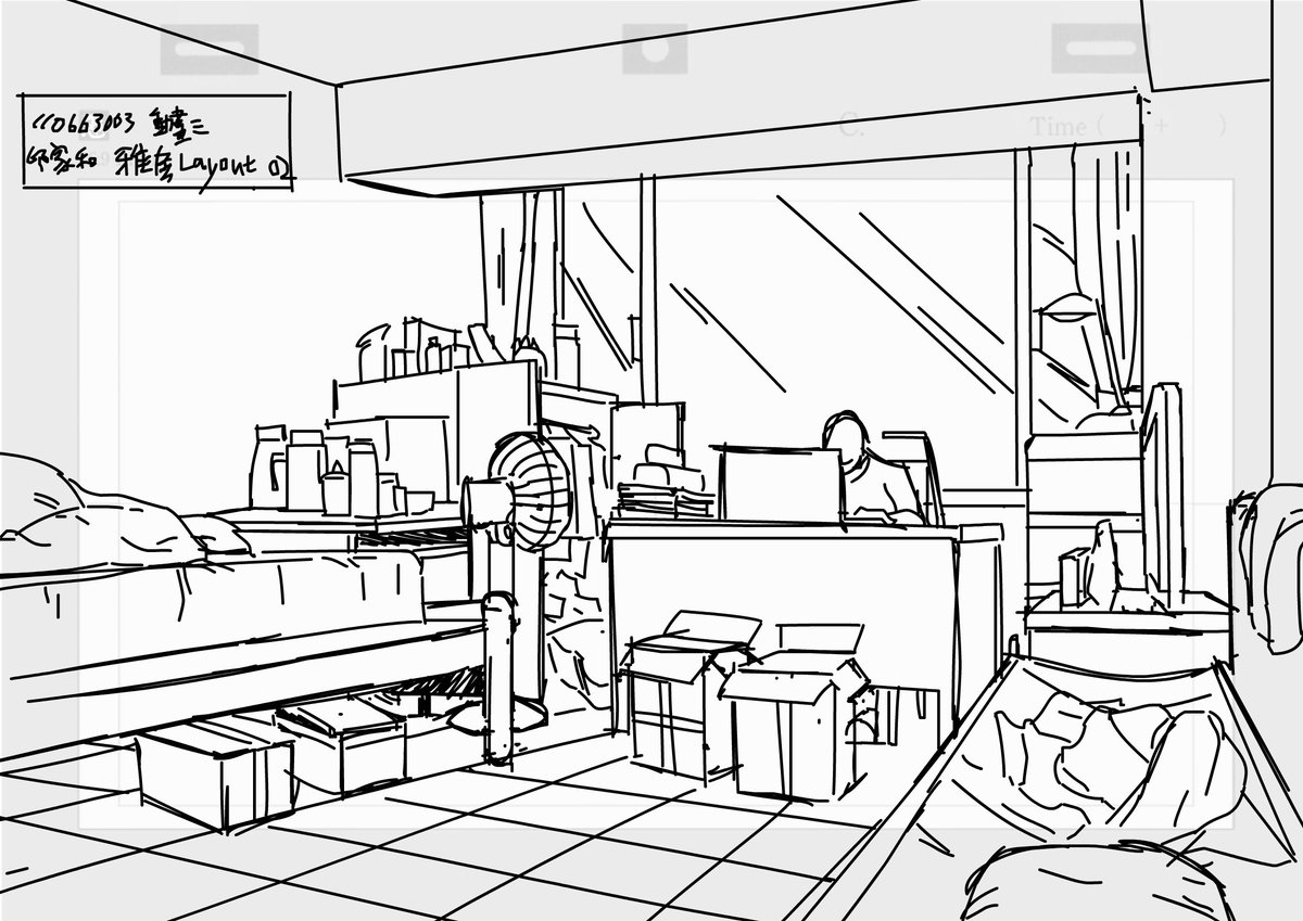 自分の部屋を描くとゆう学校の宿題。次の原画の仕事が始まる前に早くやった方が良いと思って。
昔は部屋とか建物内部の空間を築くのが苦手だけど、少しだけ上手くなったかもXD
背動と違って、レイアウトは精確性が求められるので難しい。でも今回は悪くないかも