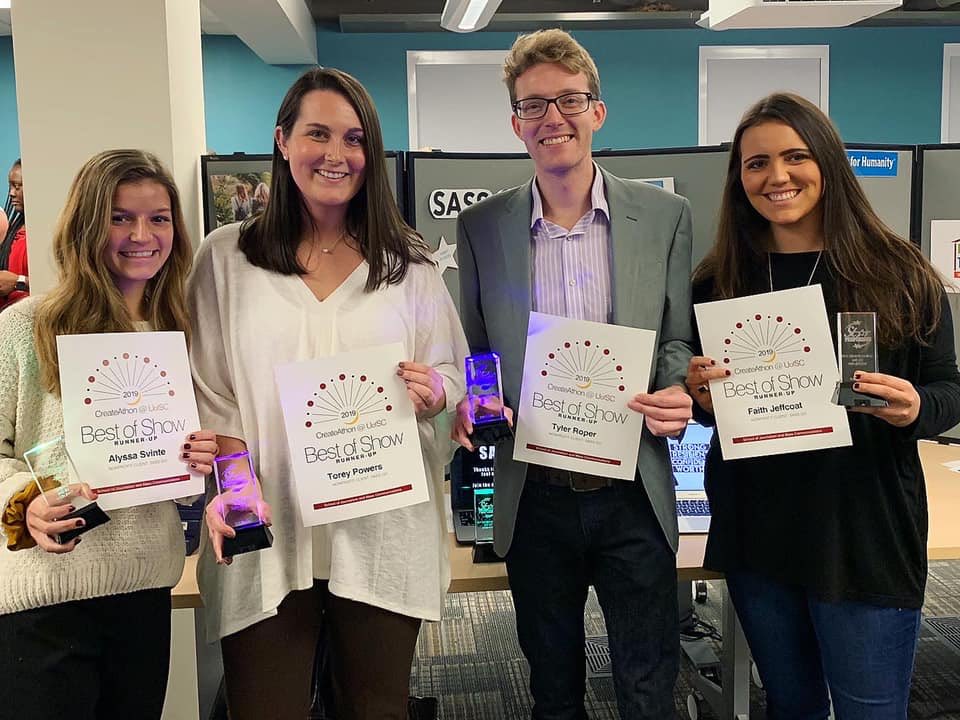 CreateAthonUSC's tweet image. Congratulations to the @SASSGoGlobal team for being awarded Best of Show runner up at our CreateAthon Awards! #CreateUofSC19 #Strong #Resilient #Fearless #Worthy