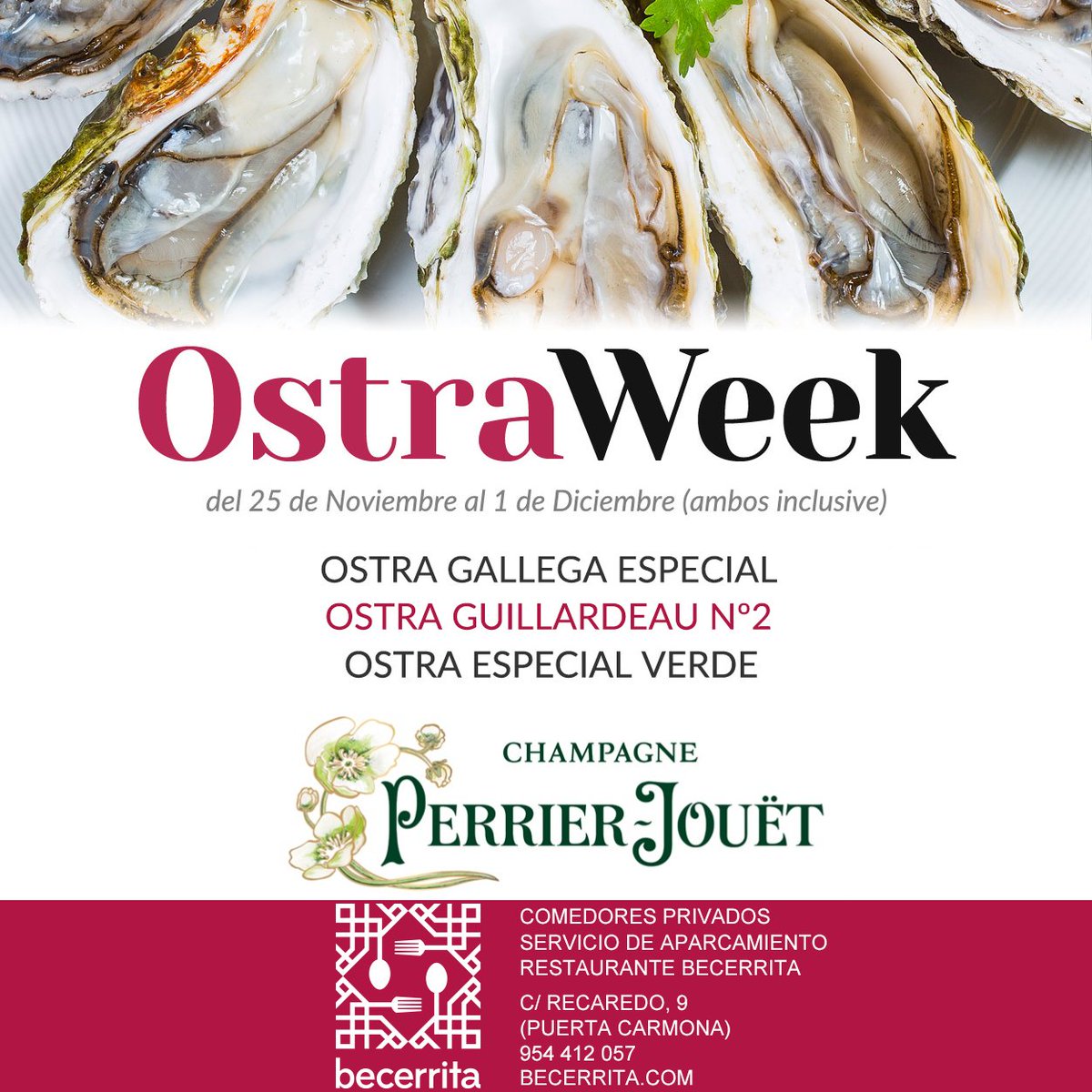 Rbecerrita's tweet photo. 🔴Semana de la Ostra en #RestauranteBecerrita. Del 25 de Noviembre al 1 de Diciembre (ambos inclusive)
¡Os esperamos! 🤗
https://t.co/Rxjj62MPy7

#Becerrita #Sevilla #restaurantes #tapas #setas #otoño #caza #comerenSevilla #vinos #TDSGastro #SiemprePorAgradar  #ostras #OstraWeek https://t.co/7qshEJYQtX