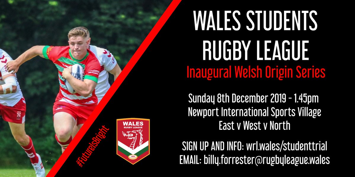 👨‍🎓 STUDENTS | @RlWales Students to hold @IntRL #WalesRL #OriginDay

📅 Sunday 8 December / Dydd Sul 8 Rhagfyr
🏟️ Newport International Sports Village / Pentref Chwaraeon Rhyngwladol Casnewydd
⏱️ 1.45pm

👉REGISTER / COFRESTRU: wrl.wales/studenttrial

#FutureIsBright #rugbyleague
