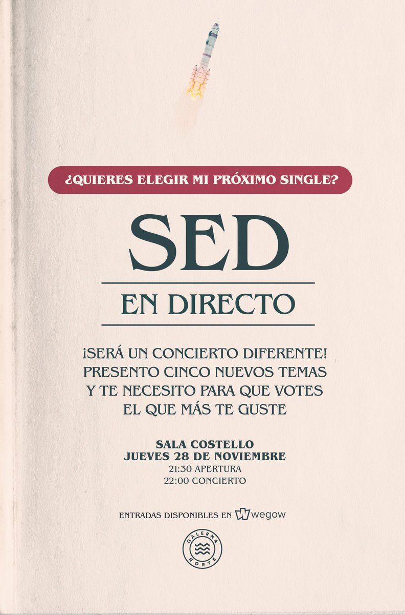 Este jueves <a href="/oficialsed/">SED</a> en directo en <a href="/CostelloClubMad/">Costello Club Madrid</a>. Presentando sus nuevos temas para que elijas nuevo single. Será un show especial con colaboración de <a href="/GinebrasBanda/">GINEBRAS</a> <a href="/repionband/">REPION</a> y más! 

Entradas en <a href="/wegowES/">wegowes</a> 👉🏻 wegow.com/backoffice/eve…