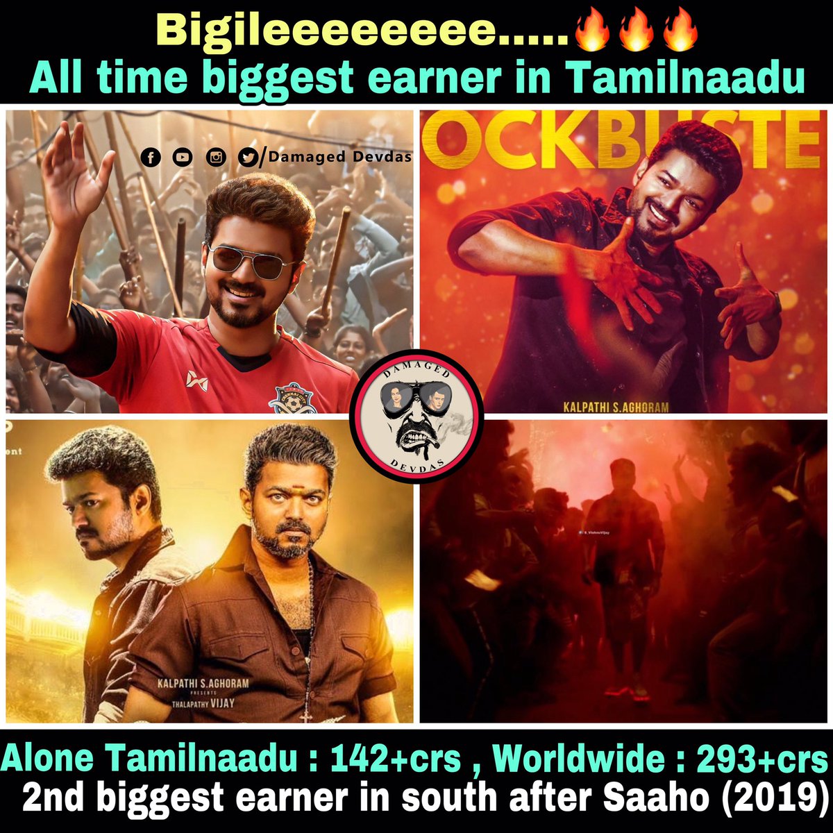 DamagedDevdas's tweet photo. All time biggest hit in #Tamil and 2nd biggest earner from South India in 2019 😎 #Bigil #IndustryHitBigil 🔥🔥 #whistle #Vijay #thalapathy #BigilBlockbuster #Bigilcollection #BigilRulesSouthBO2019 @actorvijay ..for more follow us @DamagedDevdas https://t.co/YPGEtiIJHg