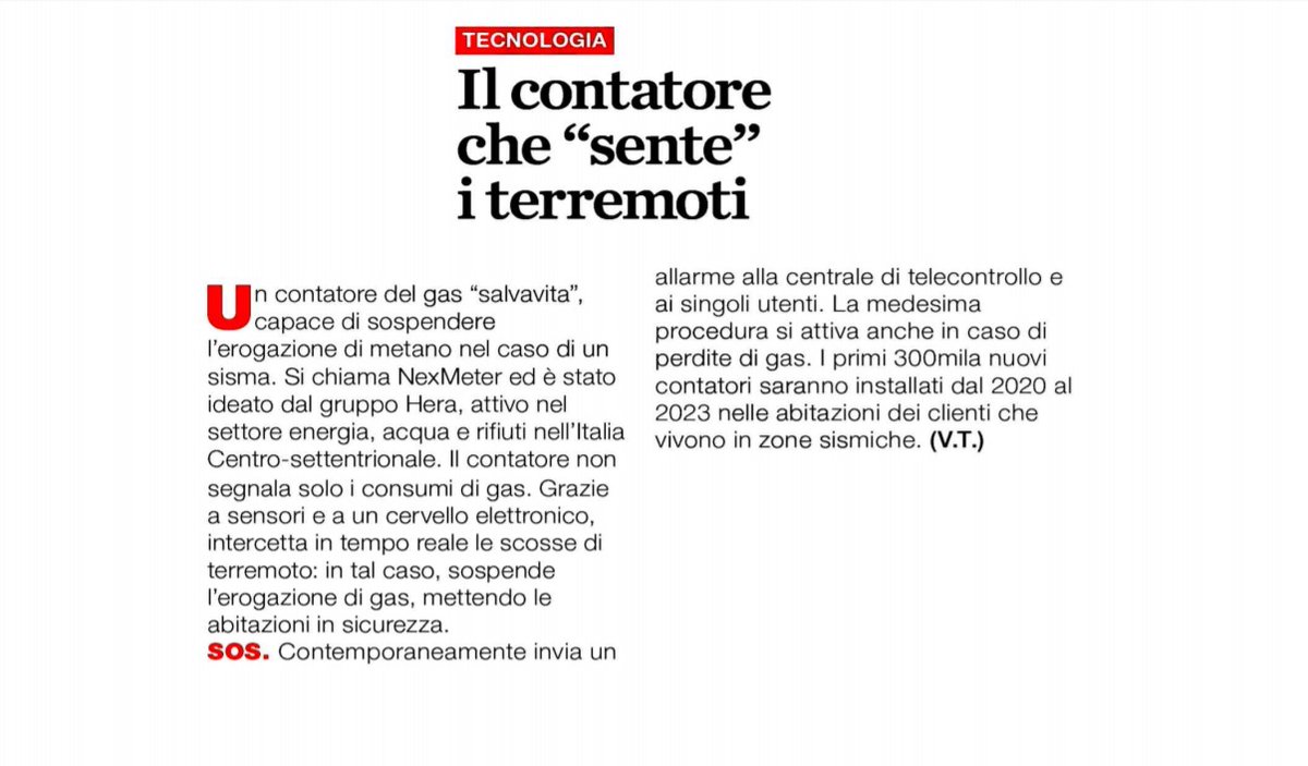 GruppoHera's tweet photo. Sulla rivista @Focus_it si parla di #NexMeter, il contatore gas del futuro ideato dal #GruppoHera: grazie a un cervello elettronico, il dispositivo è in grado di sospendere l’erogazione di metano in caso di sisma o di perdite, mettendo le abitazioni in sicurezza. L'articolo 👇 https://t.co/PqbSicXBuo