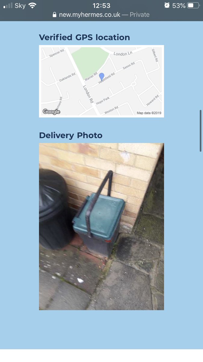 CassieBaldi's tweet photo. Hermes “delivery” while we were inside the house. Apparently, our food waste recycling bin is an outhouse...and it’s not even there! @Hermesparcels: your delivery drivers are stealing https://t.co/sJ3CwDhJK0