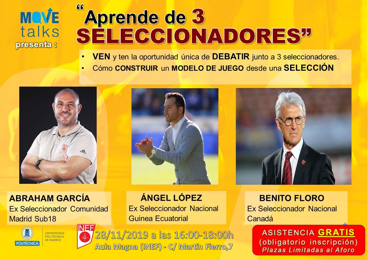 inefmadrid's tweet photo. ⚽️"Aprende de 3 Seleccionadores" este jueves 2⃣8⃣ de noviembre en los #MoveTalks de @inefmadrid @La_UPM
Un gran oportunidad de debatir junto a profesionales del #futbol
📝Inscripción obligatoria, aforo limitado: https://t.co/htylw7CNyO
#ccafyd #movetalksinef #debate #deporte https://t.co/qPk69wpsFi