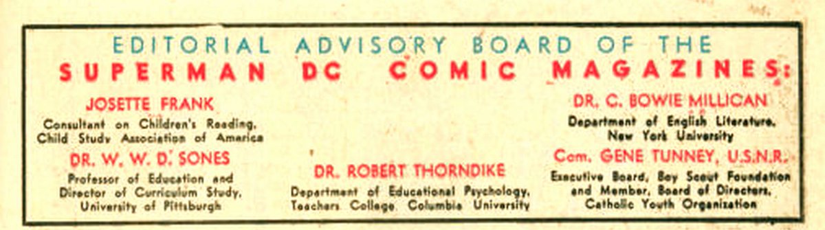 Publishers were not blind to the growing concern over comic books. This is from a 1944 DC comic, showing a panel of experts to safe guard the children.