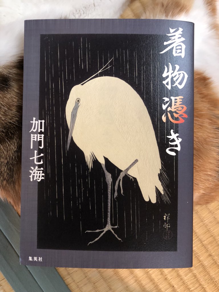 加門七海先生の新刊いただきましたー。
着物好きと怪談好きが融合したようなタイトル。中身もそんなよ。(≧∀≦)  着物好き怪談好きの人はぜひぜひ。
表紙の絵が小原古邨ですてき。
猫は本の台に徹している。 