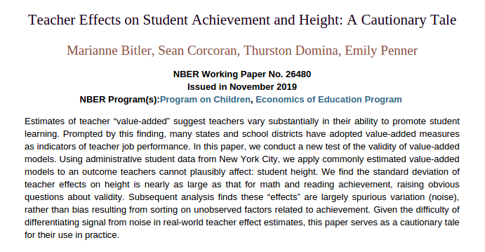 New NBER paper with a clever placebo check on a common method of evaluating teachers:  https://www.nber.org/papers/w26480 