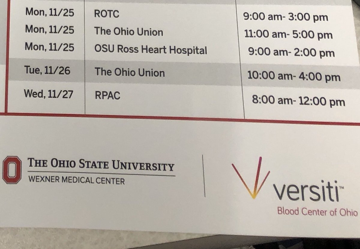 BuckeyeBloodOSU's tweet photo. Ready for break? Us too!! But before you leave....make sure you donate. Including today, there are three days left before the end of blood battle. Help us beat ❌ichigan! Have a great break🦃❤️ https://t.co/7m1QZctNmN