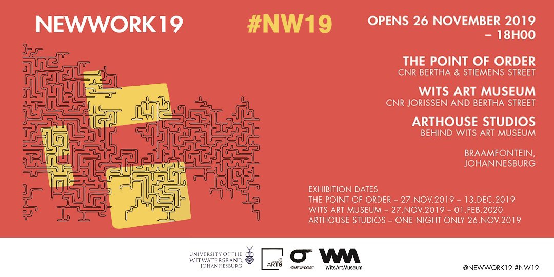 WitsUniversity's tweet photo. 🎨🖼️ You are invited to the NEWWORK19 project exhibition opening starting from 26 Nov . NEWWORK  is an annual showcase, produced by the graduating Wits BAFA class. NEWWORK19 features a new generation of 33 artists that work in a diverse range of media:  https://t.co/uVh5tNxkZH https://t.co/LUIOTwiezM