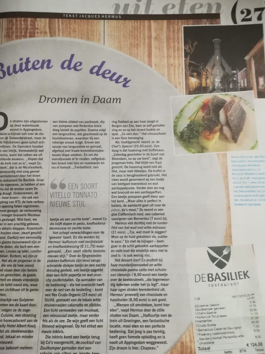 willembos1's tweet photo. Super blij met deze recensie in het dagblad van het noorden @jacqueshermus #restaurantdebasiliek #appingedam #uiteten #dutchcuisine https://t.co/acSXX8KWVV