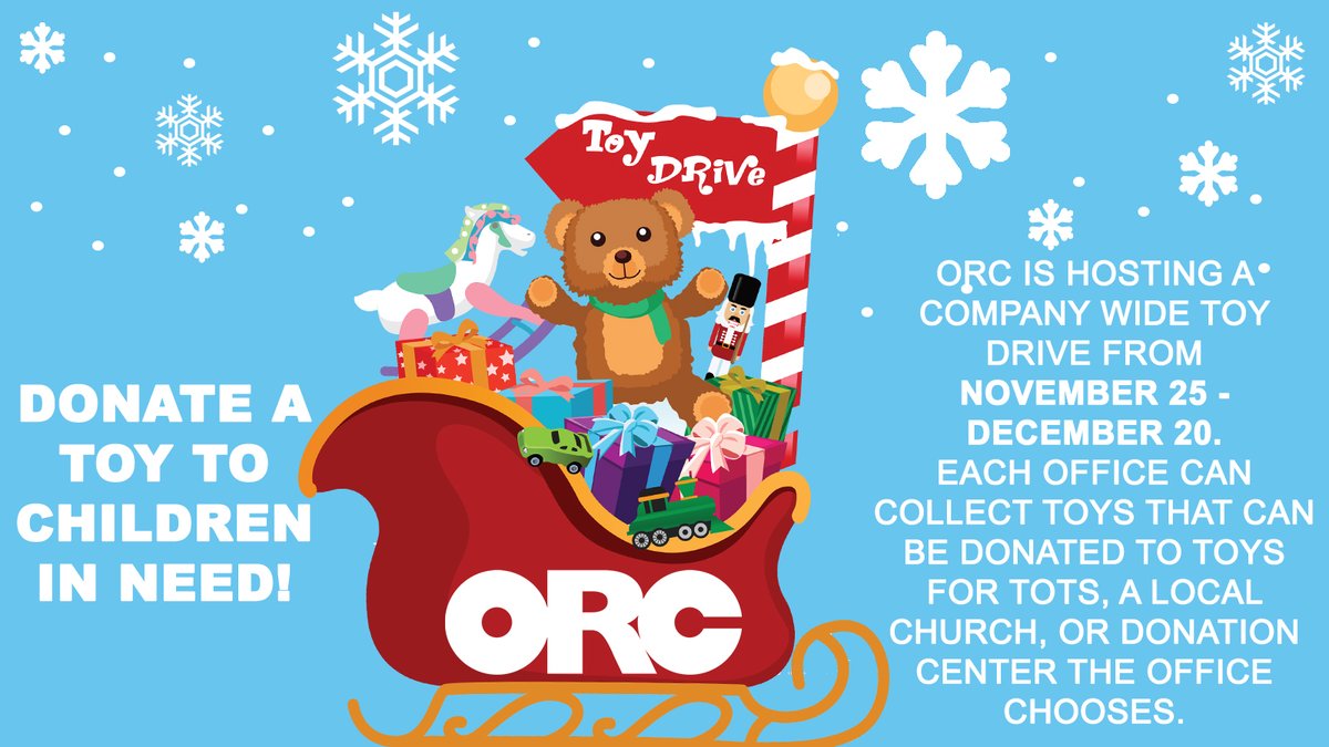 Wiweck's tweet photo. RT @OR_Colan: For this holiday season, #ORColan will be hosting a toy drive starting November 25 – December 20. If you would like to donate, please contact your local office. #socialresponsibility https://t.co/mtwBJxxVCp