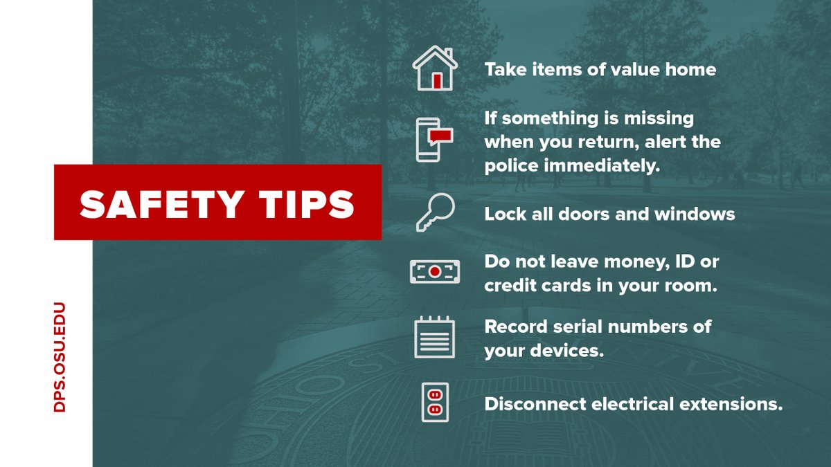 OSUPOLICE's tweet photo. If you’re leaving your residence for Thanksgiving break, please be sure to follow these safety tips to prevent crime and potential emergency. More: https://t.co/W1bEWB9IFe https://t.co/8bom57K2AZ