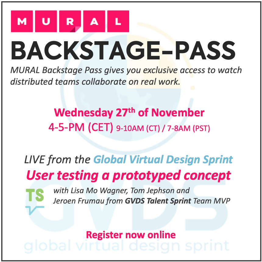 TalentSprints's tweet photo. JOIN #GVDS Team MVP for a LIVE user-test of our prototyped concept during the 1st European @MURAL #backstagepass event.
THIS Wednesday 4-5PM (CET) - ONLINE
Register now: https://t.co/gBxrzlPlZt
#talentsprint #remoteworking #designsprint #designsprinting #virtualcollaboration https://t.co/Jxvefp3Wyf